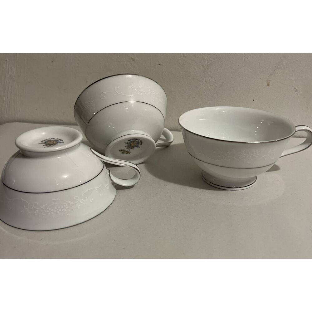 Noritake China Whitehall #6115 Japan Footed Cup Set Of 3 Silver Trim Floral
